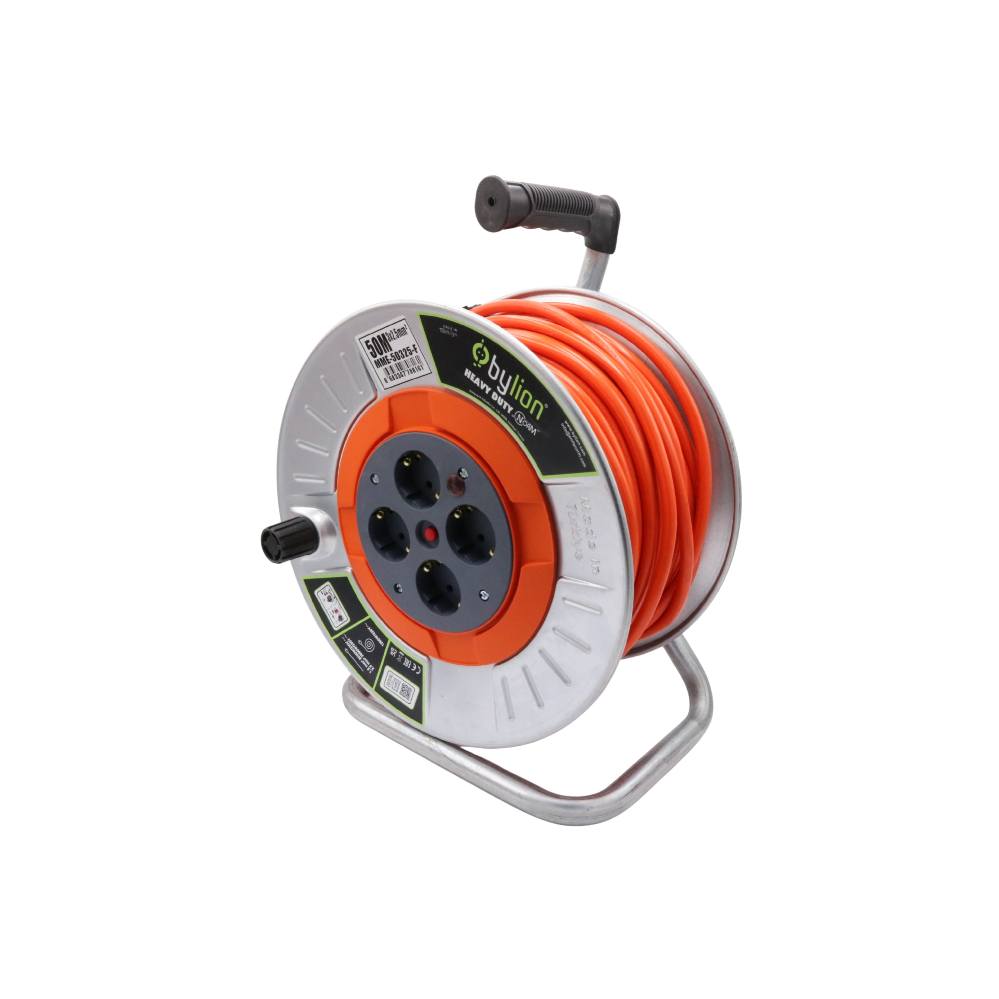 Prelungitor Rolă Metal 3 x 2,5 mm 50 m, 4 Prize IP20, Bylion – MME-50325-F