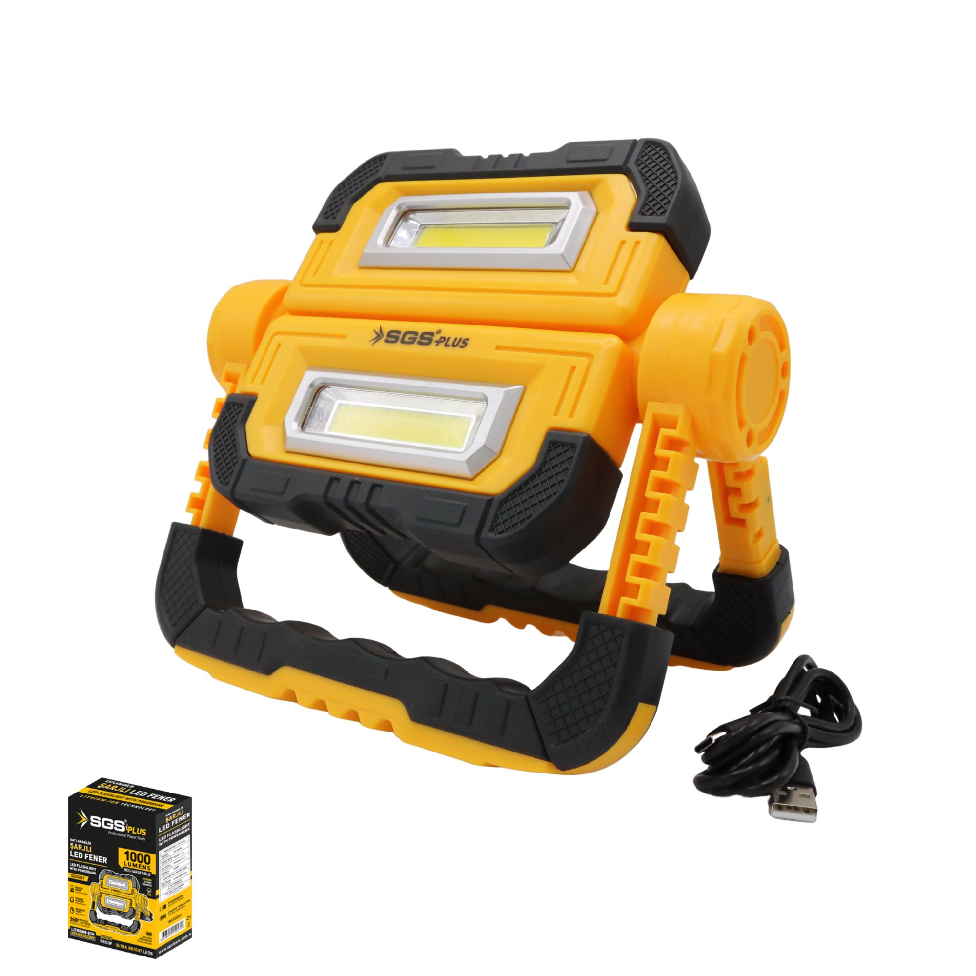 Lampă LED reîncărcabilă, 1000 lumeni, cap rotativ 360°, magnet, Powerbank, USB, acumulator Li-Ion, SGS
