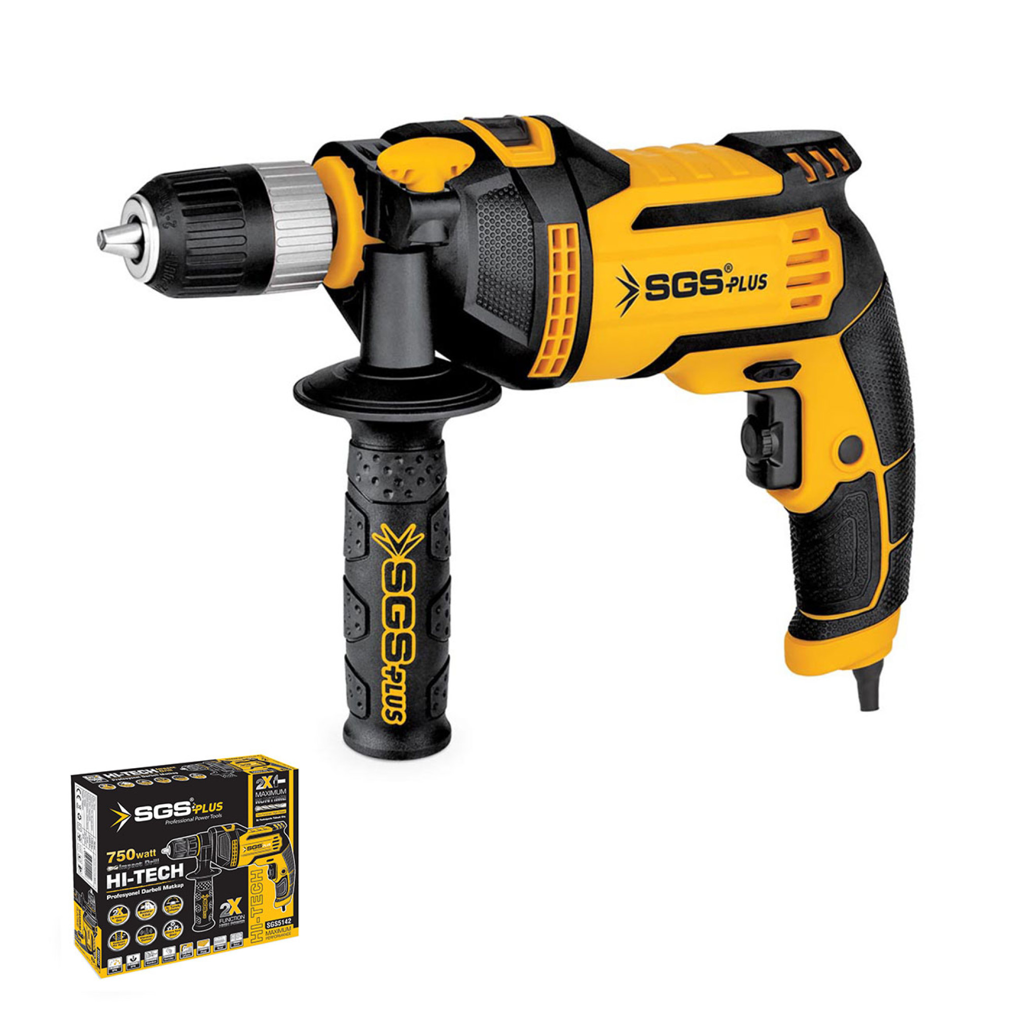 Bormașină cu percuție, 750W, 2800 RPM, 2 moduri, mandrină 13 mm, mâner suplimentar, SGS HI-TECH