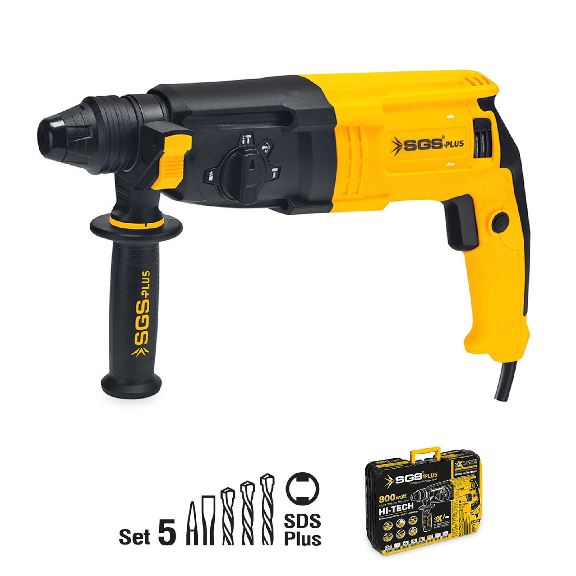 Ciocan rotopercutor SDS-Plus SGS HI-TECH, 800W, 3 funcții, 5 accesorii, mandrină SDS+, valiză transport