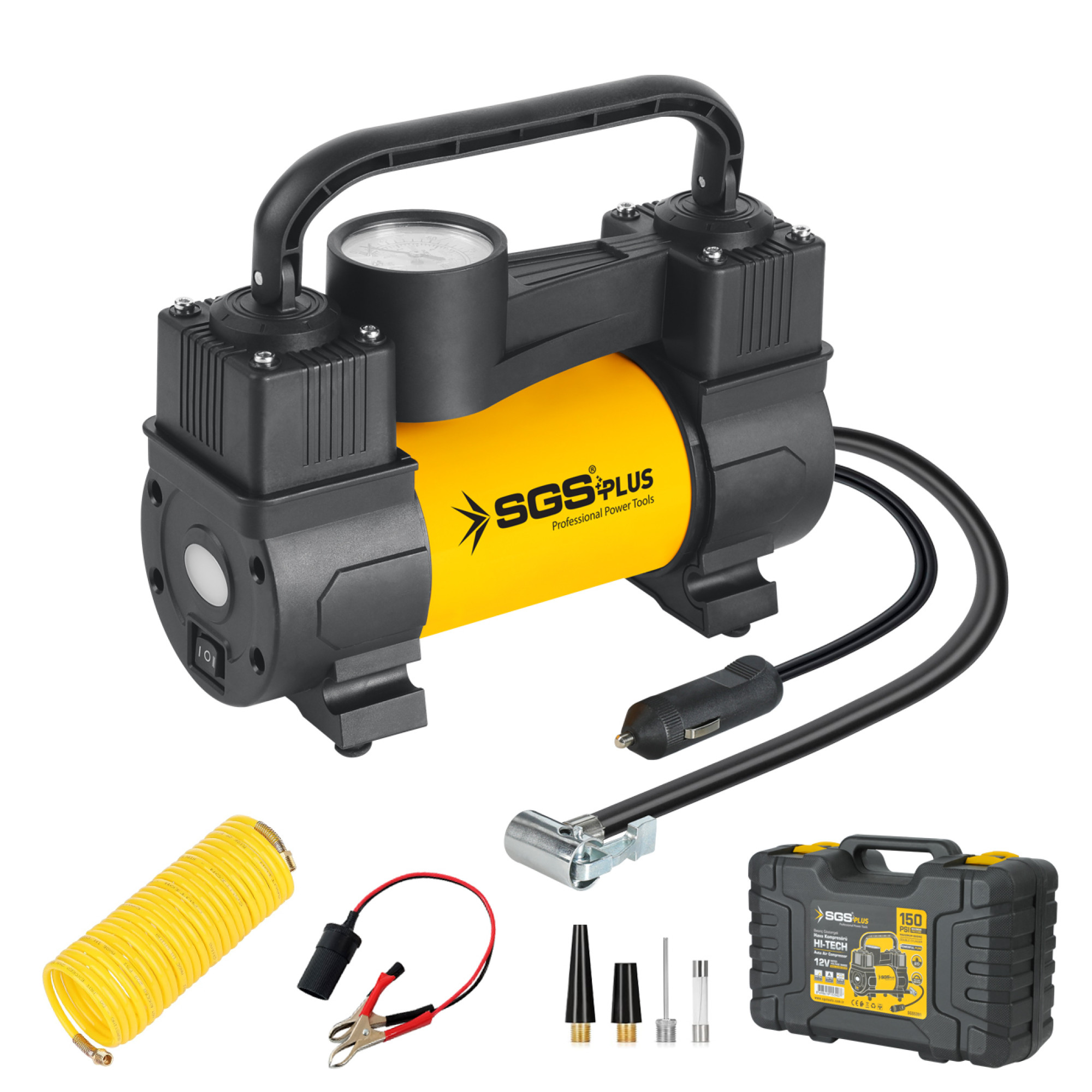 Compresor auto portabil SGS HI-TECH, 12V, 150 PSI, cilindru dublu, LED, presiune max. 10bar