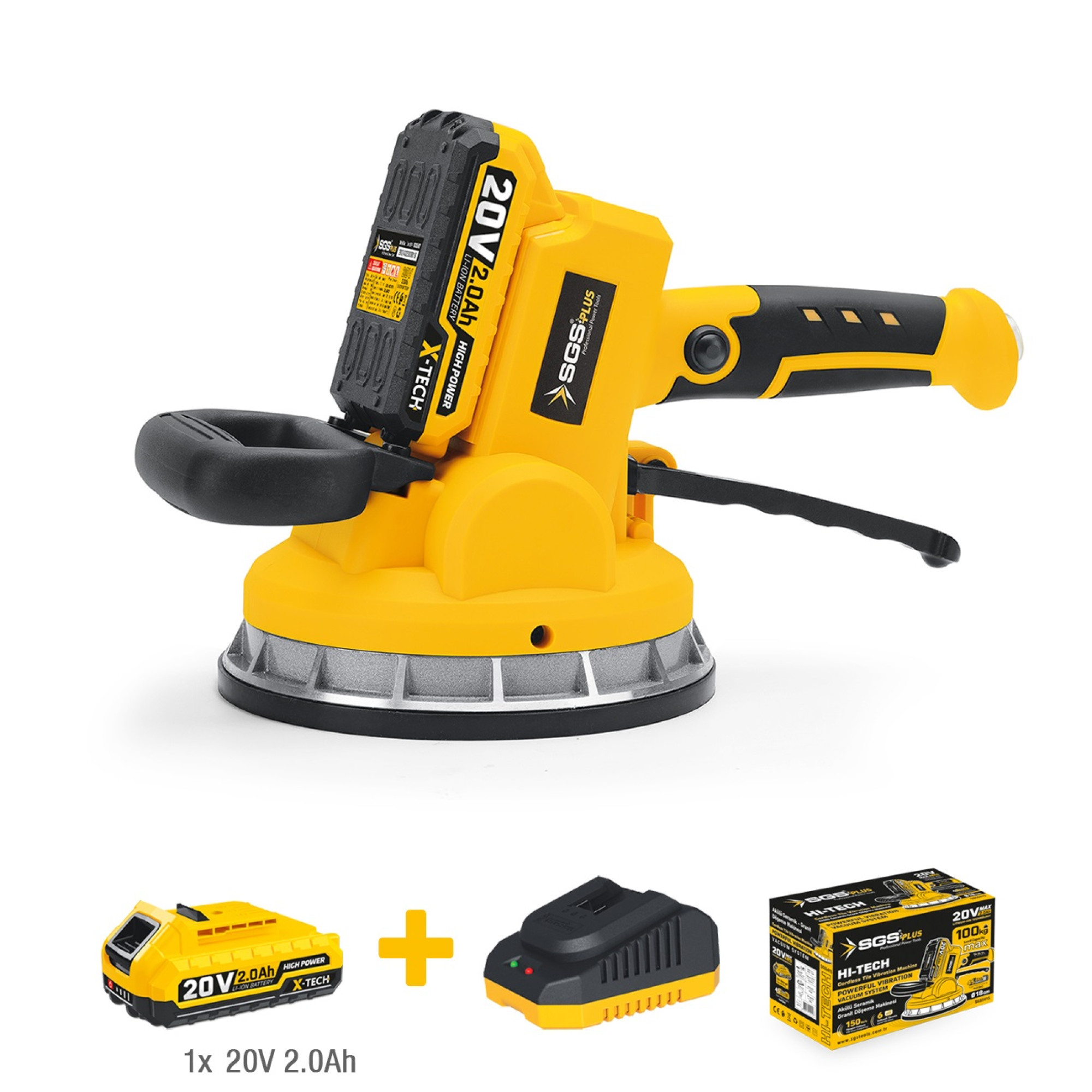 Mașină de montaj plăci ceramice cu vibrații și ventuză, fără fir, SGS HI-TECH, 20V, 2Ah, 100 kg, Ø18 cm