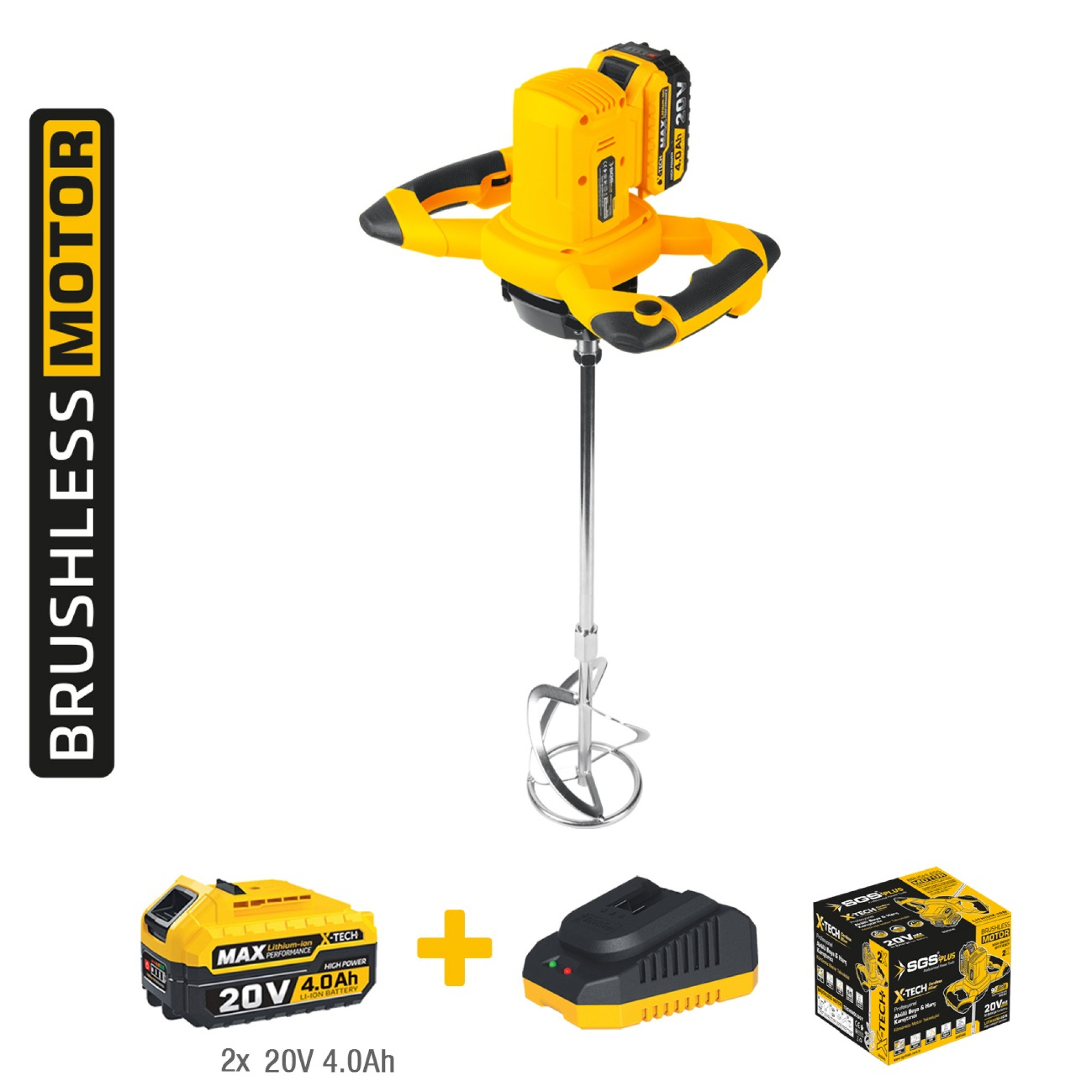 Mixer vopsea și mortar fără fir SGS X-TECH, 2 acumulatori 20V 4.0Ah, motor fără perii, 600RPM, M14, Ø120mm