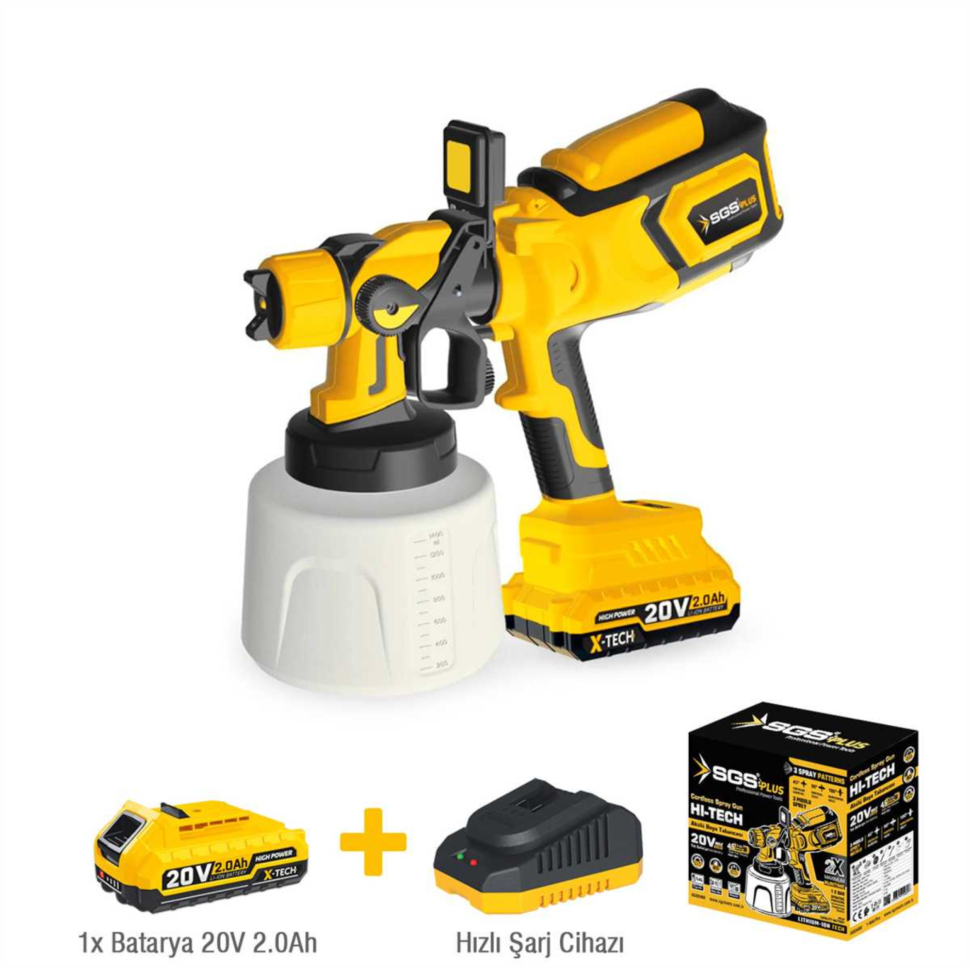 Pistol de vopsit pe acumulator SGS PLUS X-TECH 20V, rezervor 1400 ml, 3 duze, debit reglabil, cu baterie 2.0Ah