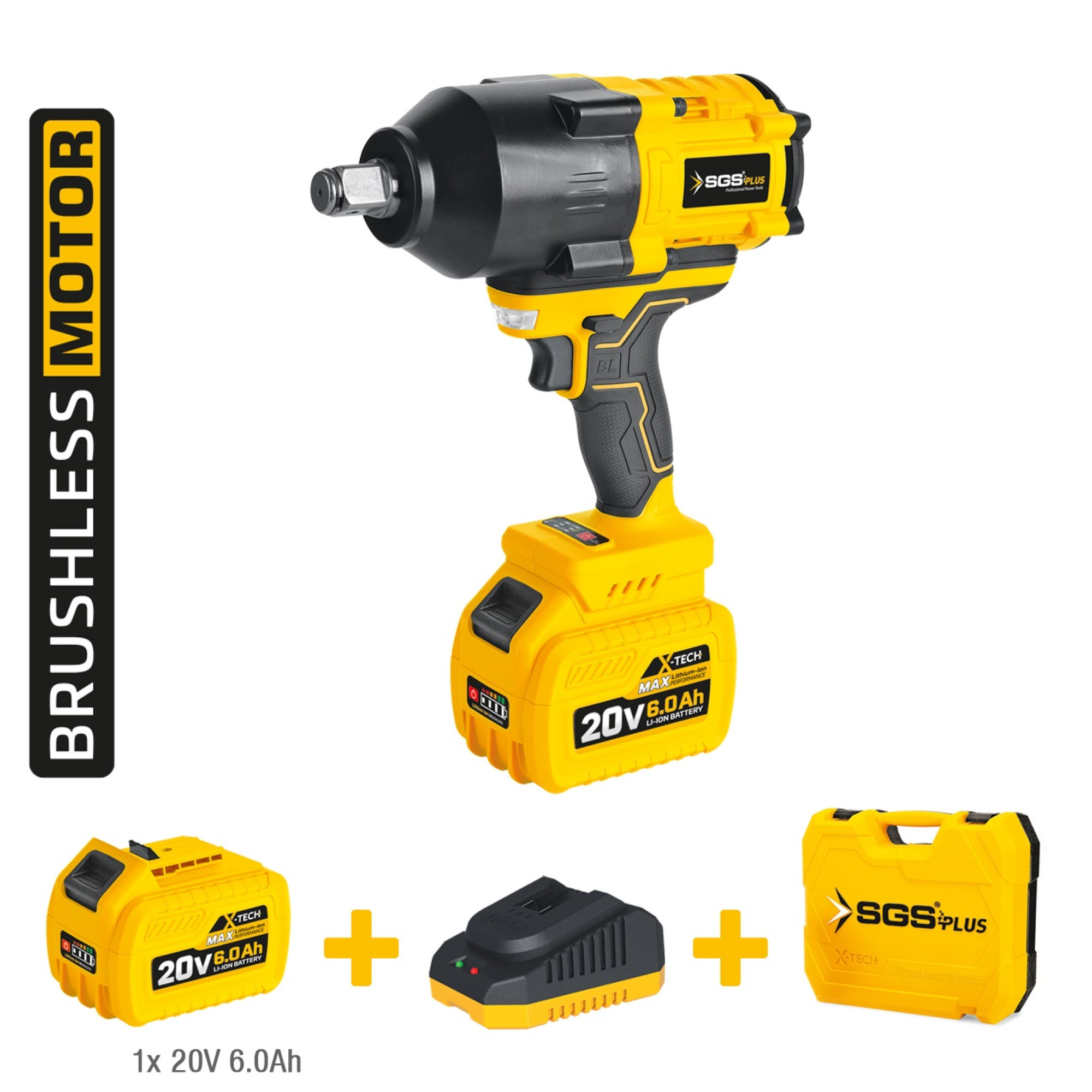 Cheie cu impact profesională SGS X-TECH, 20V 6Ah, Brushless, 1200Nm, 3/4", 3 trepte, LED, valiză