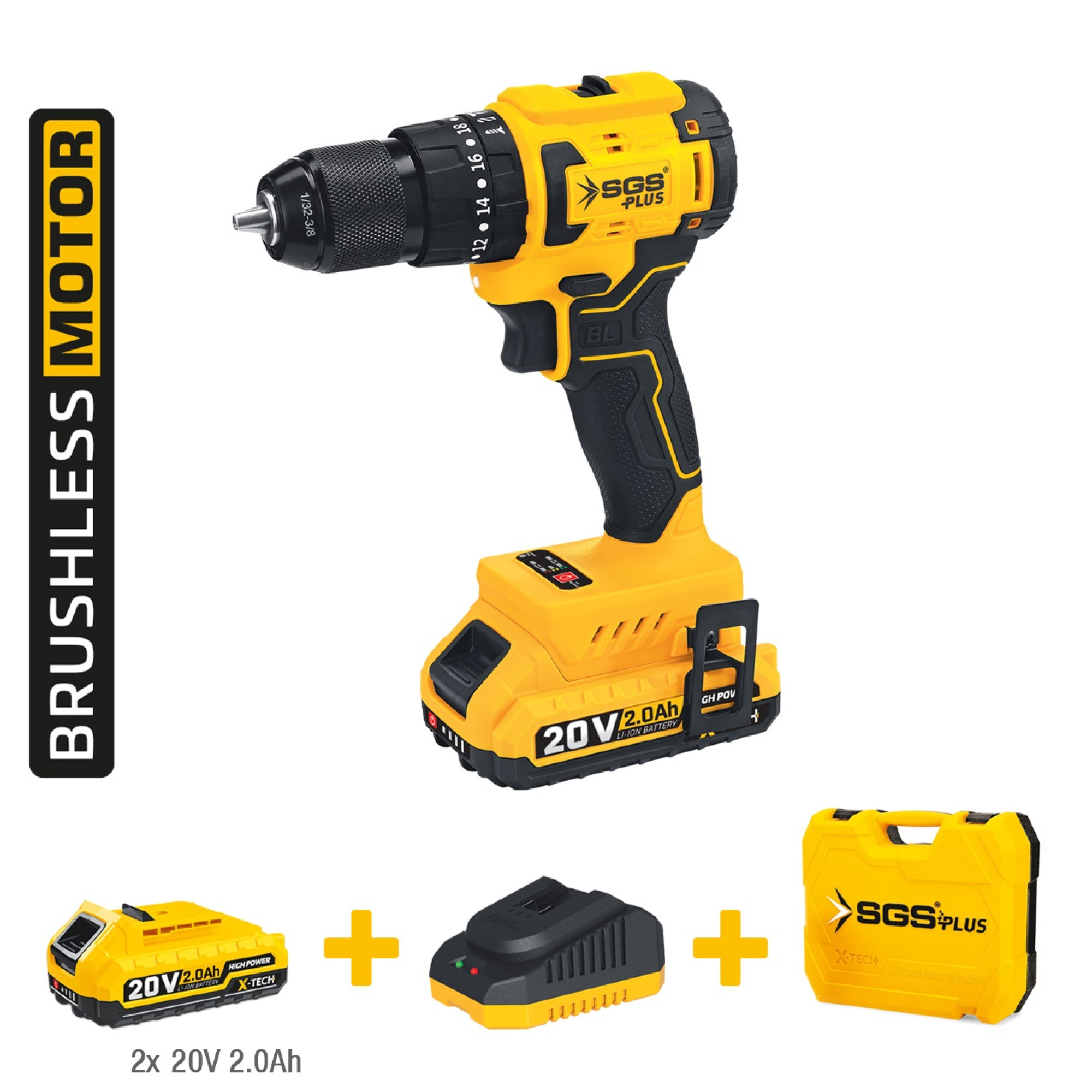 Mașină de găurit și înșurubat cu percuție SGS X-TECH, 20V, 2x Acumulator 2Ah, Mandrină Auto-Lock, Valiză transport