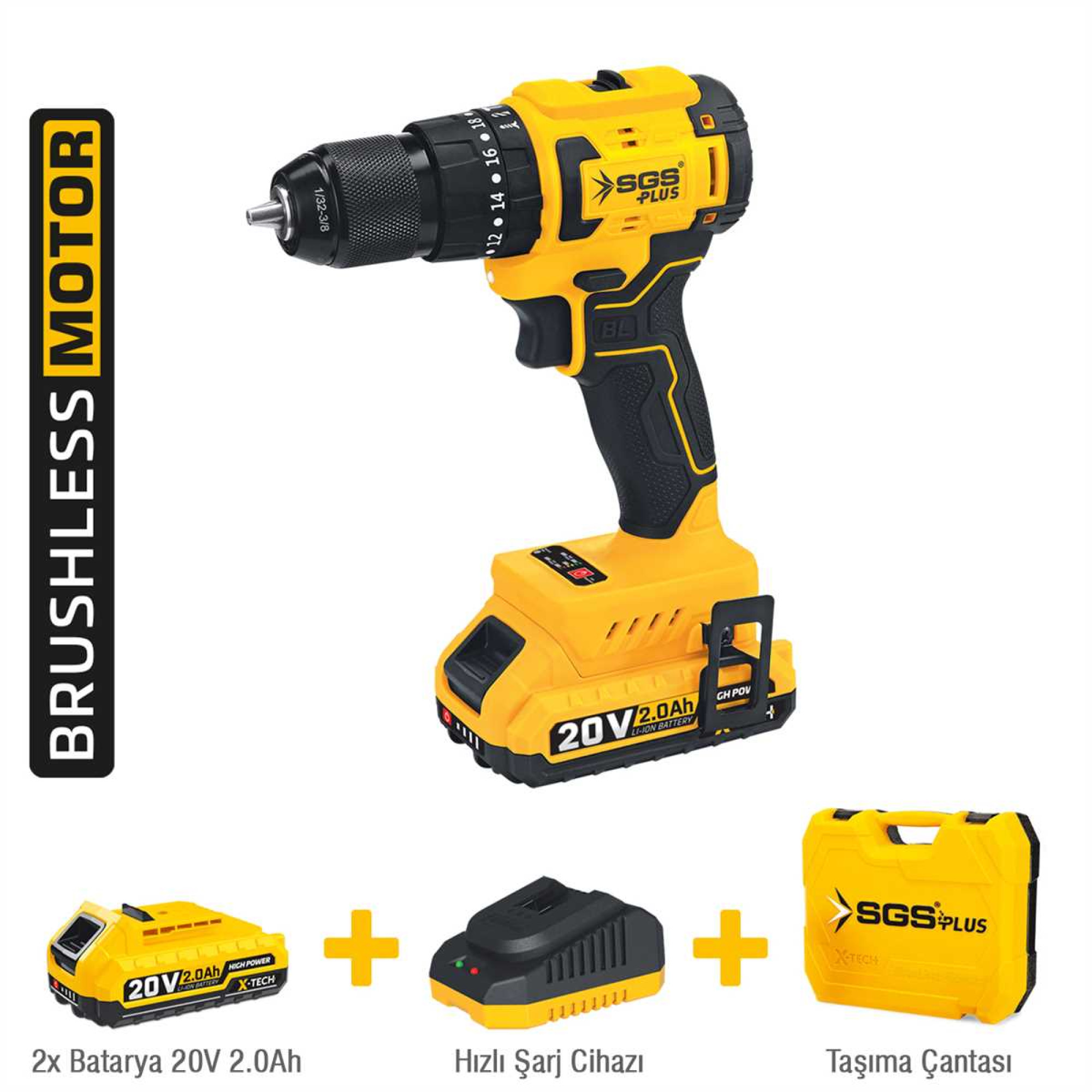 Mașină de găurit și înșurubat cu percuție SGS 20V, Brushless, 60 Nm, 2×2.0Ah Li-Ion – Set