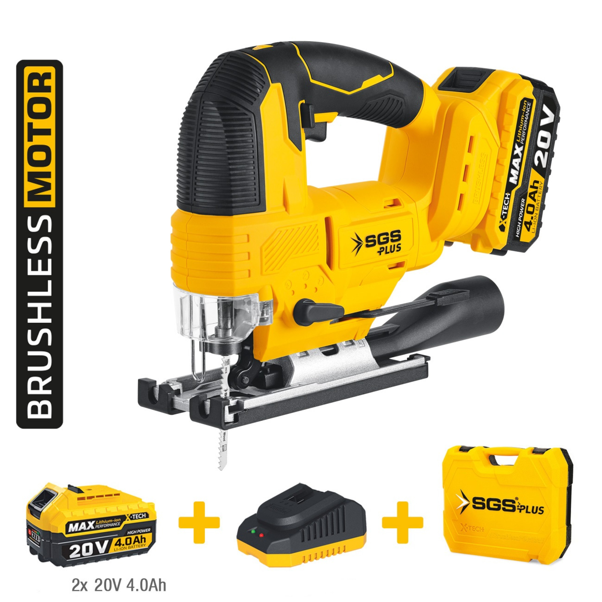 Fierăstrău pendular fără fir SGS X-TECH, 20V, 2x Acumulator 4.0Ah, Motor Brushless, 3200 RPM, 110mm lemn, valiză